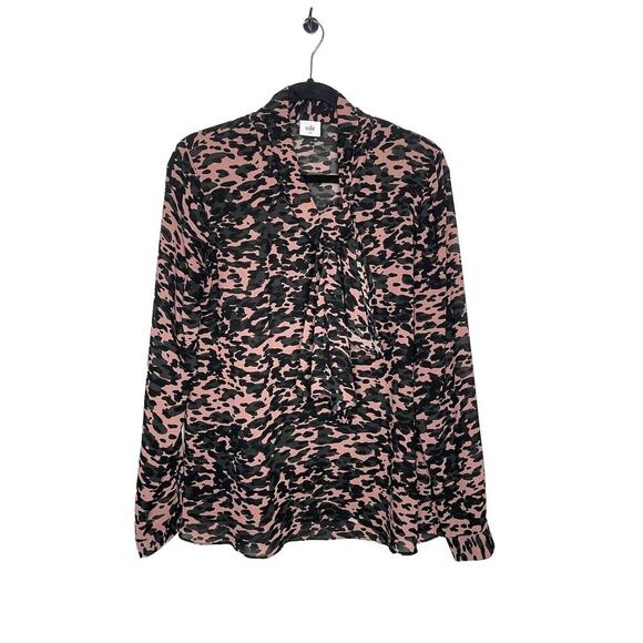 CAbi Tops - Cabi Pink Black Camo Neck Tie Long Sleeve Sheer Blouse Size Medium